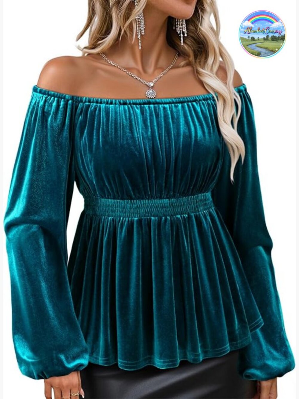Velvet Off Shoulder Long Sleeve Peplum Dressy Blouse Tunic Top